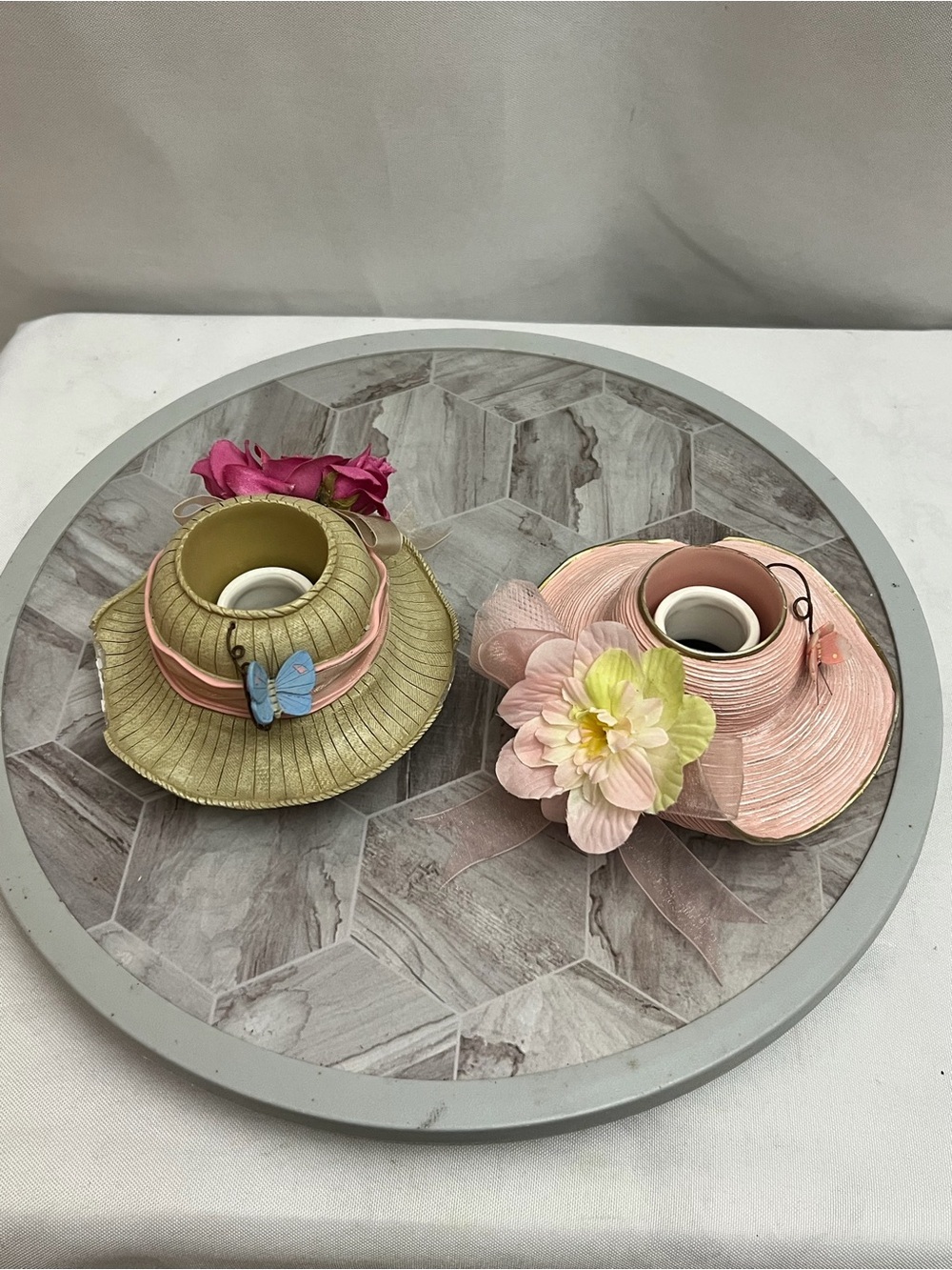 Candle Capper Decorative Hat Candle Toppers Floral Butterfly Set of 2 Ceramic